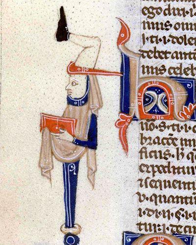 Buste d’un personnage fantaisiste avec une jambe sur le haut de la tête