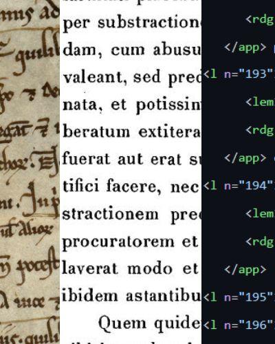Représentation du texte sous trois formes : manuscrite, imprimée, encodée en TEI