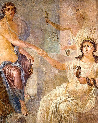Io accueillie à Canope par Isis, fresque du temple d’Isis à Pompéi, 62-79, Musée archéologique de Naples