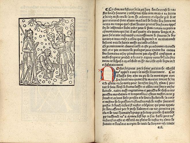 Double page d’un incunable présentant une gravure à gauche et du texte à droite