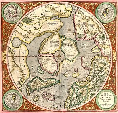 Carte gravée et colorée représentant le pôle Arctique