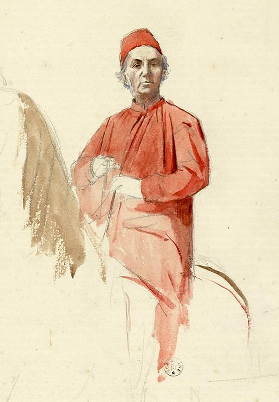 Dessin à l’aquarelle et au crayon noir sur papier représentant un homme en costume rouge