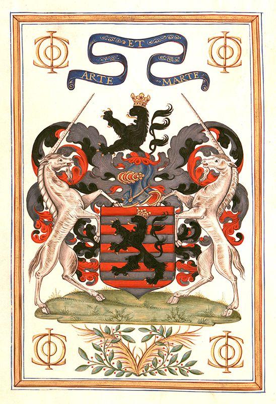 Page présentant des armoiries peintes, portées par deux licornes