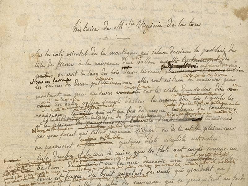 Manuscrit à l’encre brune avec ratures intitulé « histoire de Melle Virginie de la Tour »