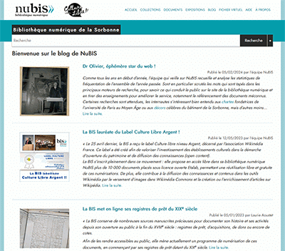 Page d’accueil du blog sur la bibliothèque numérique NuBIS