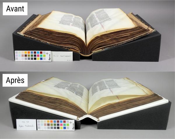 image montrant deux états d'un livre ancien, avant et après restauration
