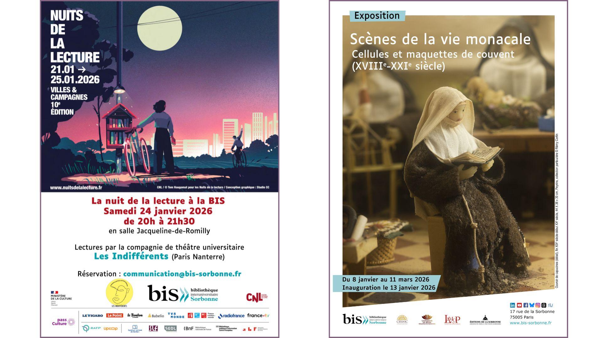 affiches Nuit de la lecture et exposition Scènes de la vie monacale