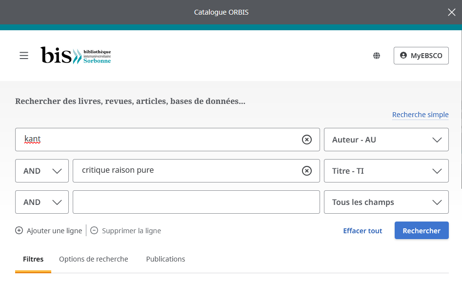 Exemple de recherche dans l'interface ORBIS